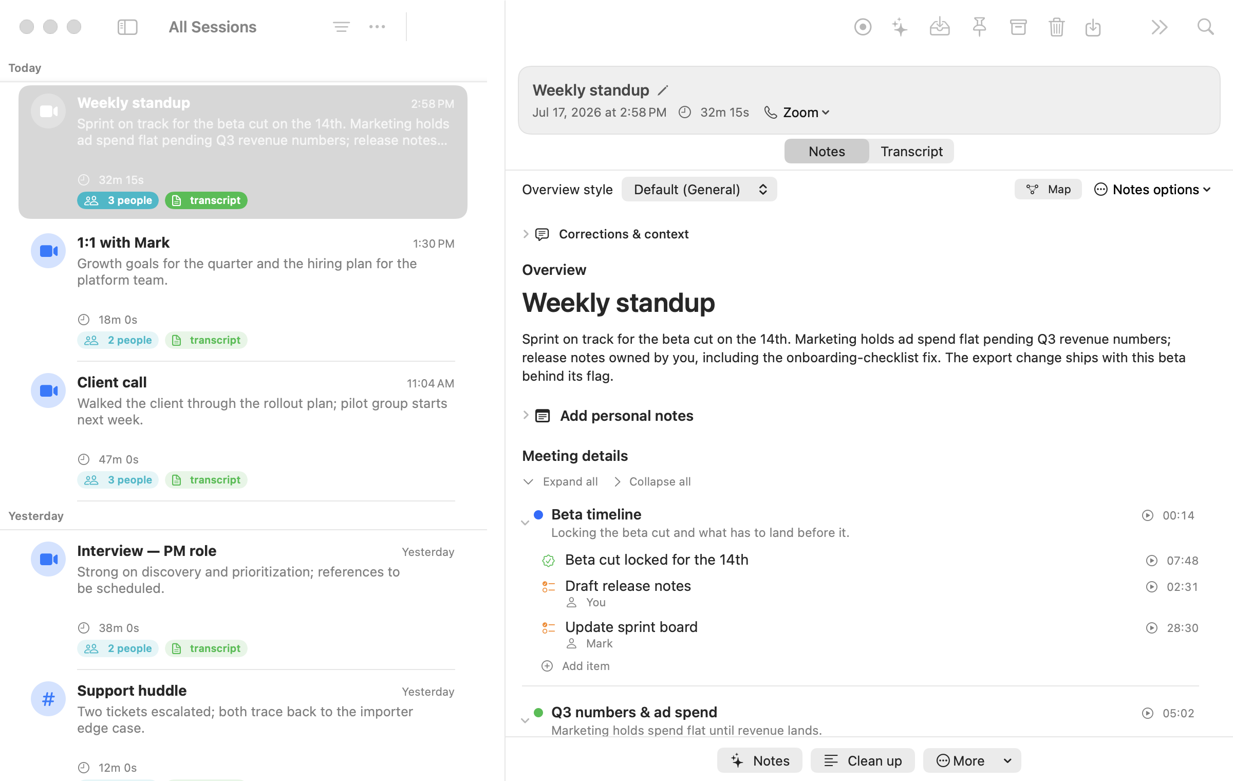 Auracta showing a weekly standup summary with decisions and action items